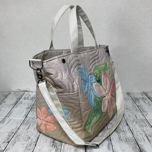 ハワイアンキルト プルメリアのレッスンバックベージュブルー 受注製作