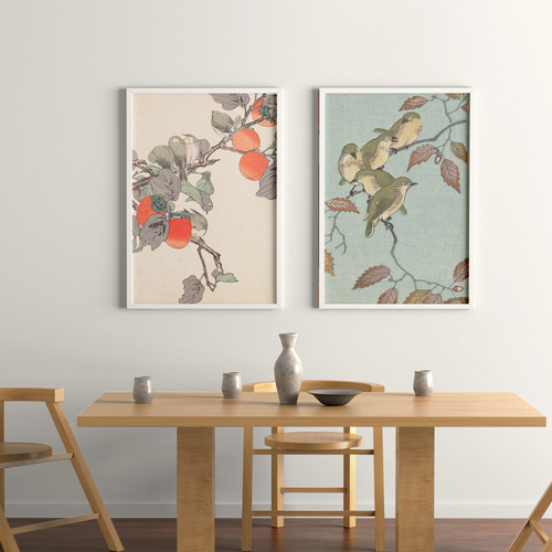 NO.492】鶯とどんぐりの日本画アートポスター☆ウグイス和柄植物浮世絵