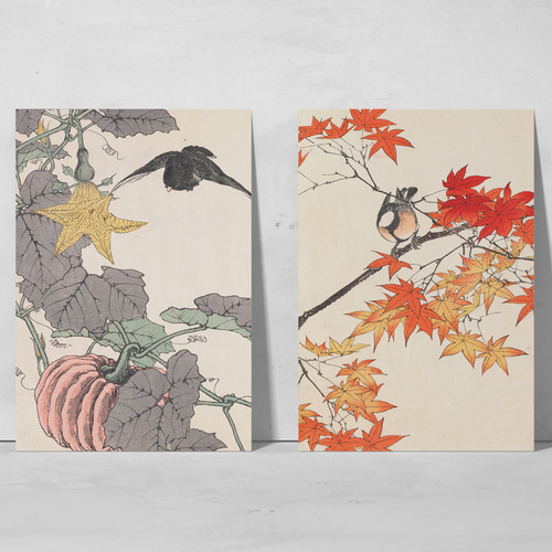 秋に かぼちゃと野鳥の日本画アートポスター☆南瓜和柄植物浮世絵和
