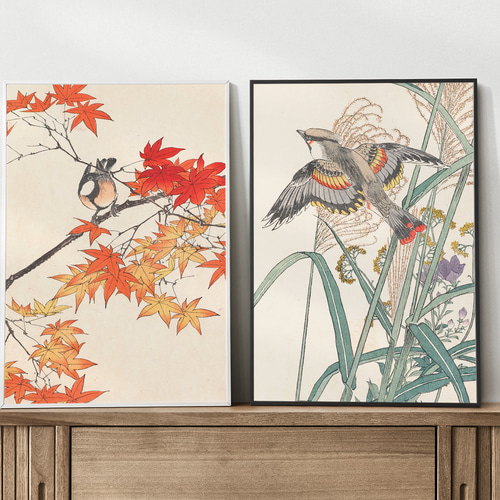 秋に ススキと野鳥の日本画アートポスター☆浮世絵和モダン大正ロマン