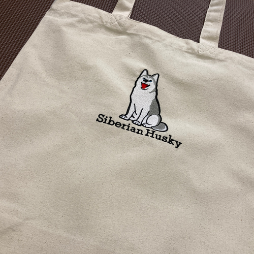 シベリアンハスキーのイラスト刺繍入りトートバッグ トートバッグ さー