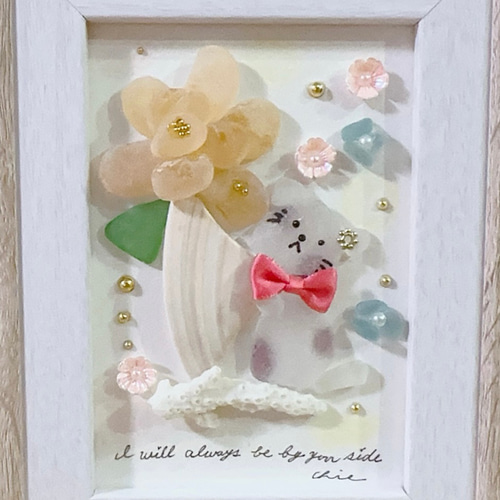 シーグラスアート 【いたずらな猫ちゃん】インテリア雑貨 置物 アート