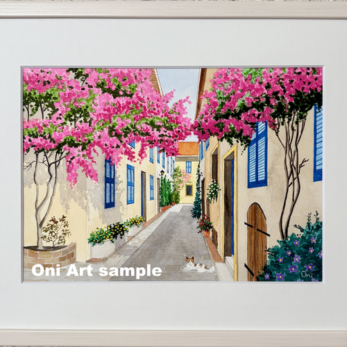 花の咲く路地05」透明水彩画 原画 風景画 額縁付 F4サイズ 絵画 Oni