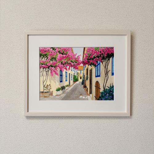 花の咲く路地05」透明水彩画 原画 風景画 額縁付 F4サイズ 絵画 Oni