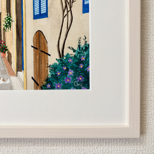花の咲く路地05」透明水彩画 原画 風景画 額縁付 F4サイズ 絵画 Oni