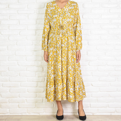 花柄Vネック長袖ワンピース マスタードイエロー ワンピース bluewaters