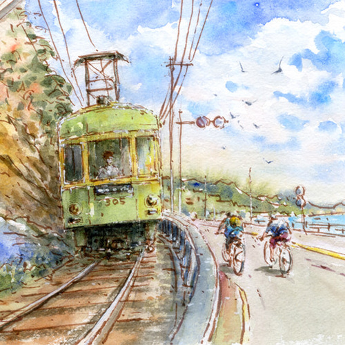 水彩画原画 江ノ電・七里ヶ浜小動岬付近を走る ＃615 絵画 syoumei