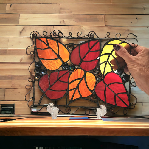 秋の葉っぱ ハロウィン雑貨 ステンドグラスパネル サンキャッチャー