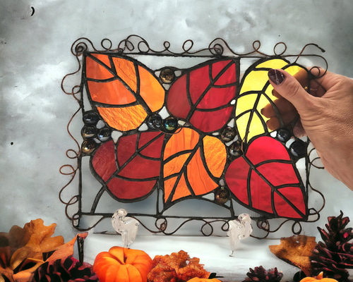 秋の葉っぱ ハロウィン雑貨 ステンドグラスパネル サンキャッチャー