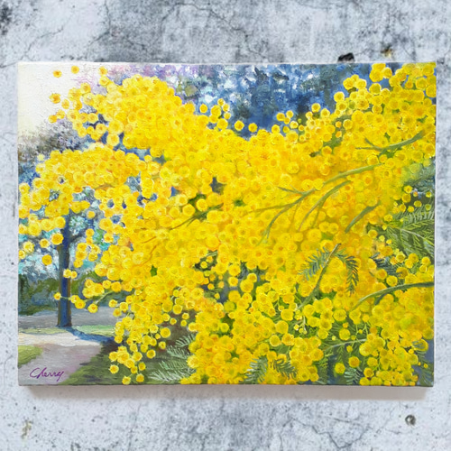 一点物】『 ミモザ街道 』油絵 油彩 油画 風景画 原画 絵画 インテリア