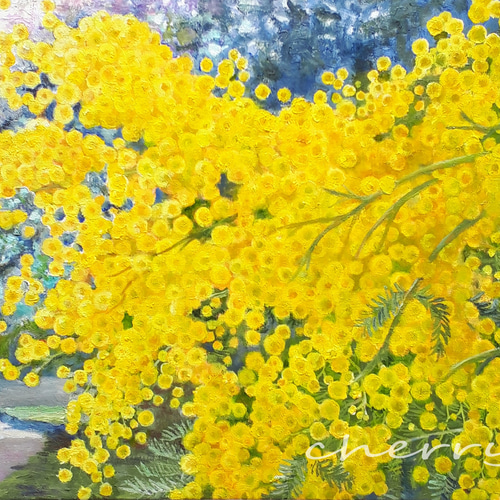 一点物】『 ミモザ街道 』油絵 油彩 油画 風景画 原画 絵画 インテリア