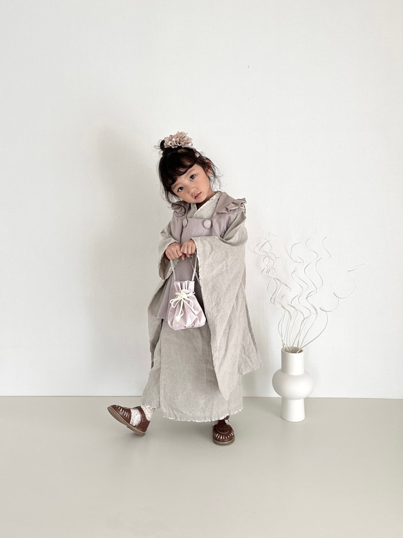 ナチュラルリネン着物&リバーシブル被布set 七五三 3歳 女の子 753