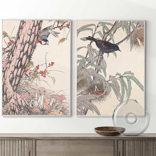 秋に キノコと野鳥の日本画アートポスター☆紅葉和柄浮世絵和モダン