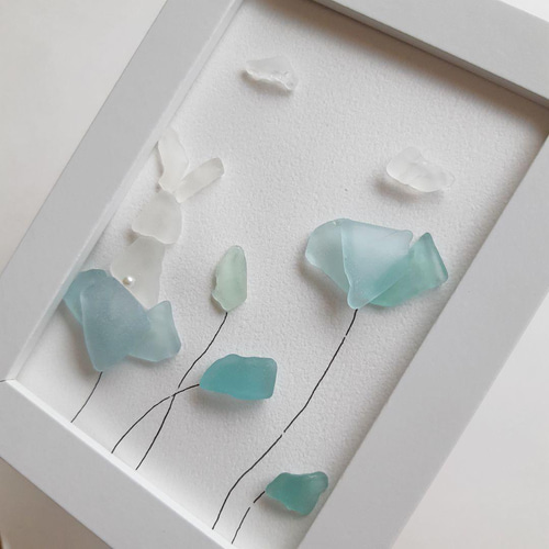 シーグラスアート うさぎ 花 インテリア雑貨 北欧 ビーチグラス 立体