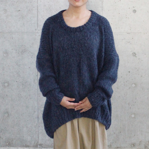 ◉限定色◉ 手編みモヘアラウンドネックセーター ダークネイビー