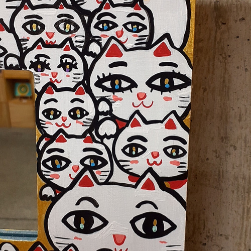 ハッピー招き猫の鏡 アクリル絵の具 鏡 板キャンバス 絵画 小楠アキコ