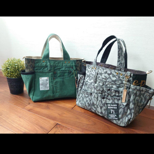 No.342【GREEN DENIM✖️LEOPARD❤️】デニムリメイクトートバッグ