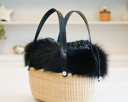 ナンタケットバスケットバントレイ ・ツイード生地&フォックスファー内