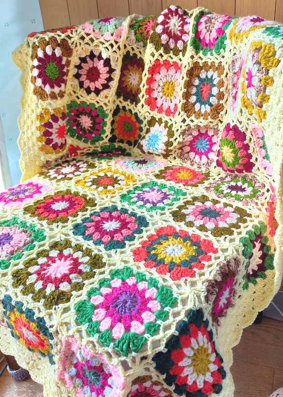 送料無料】ブランケット 黄色① マルチカバー グラニースクエア かぎ