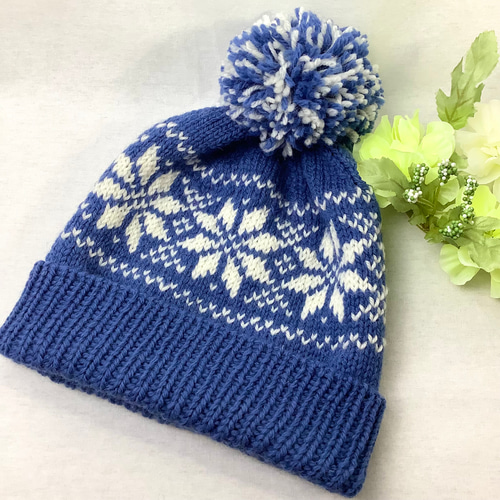 ○編込み模様のニット帽（雪柄・ブルー) ニット帽・ビーニー TOM屋
