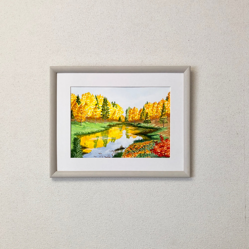 秋の水面」透明水彩画 原画 風景画 額縁付 F4サイズ 絵画 Oni 通販