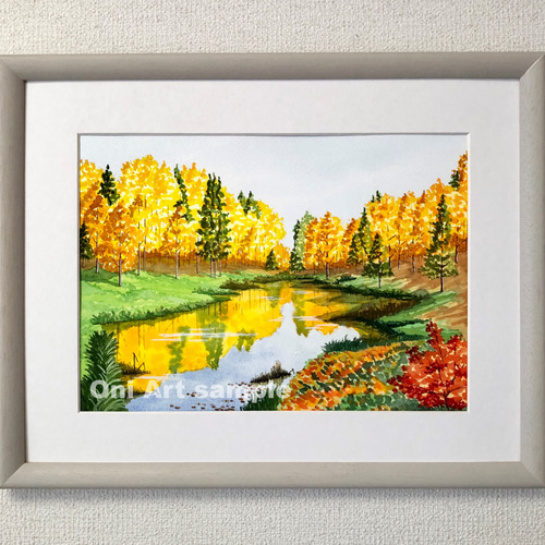 秋の水面」透明水彩画 原画 風景画 額縁付 F4サイズ 絵画 Oni 通販
