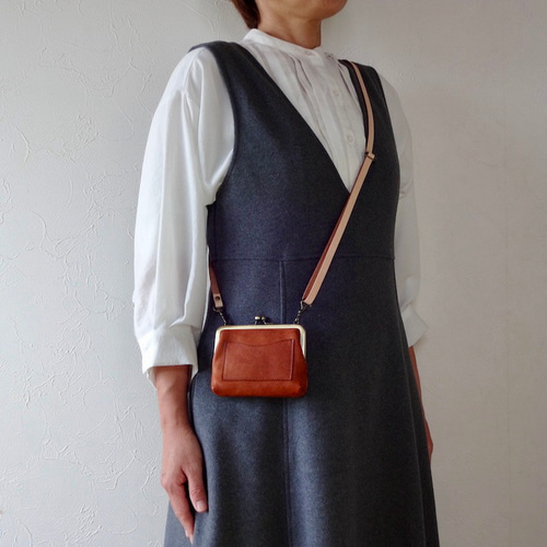 がま口財布ポシェット(ストラップ付き) イタリアンレザー《ブラウン