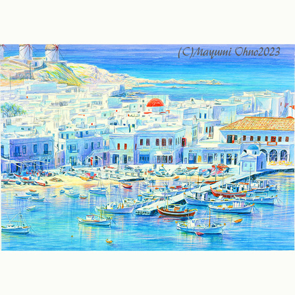 額装済イタリアで版画化 ミコノス島 ギリシャ エーゲ海 ヨーロッパ