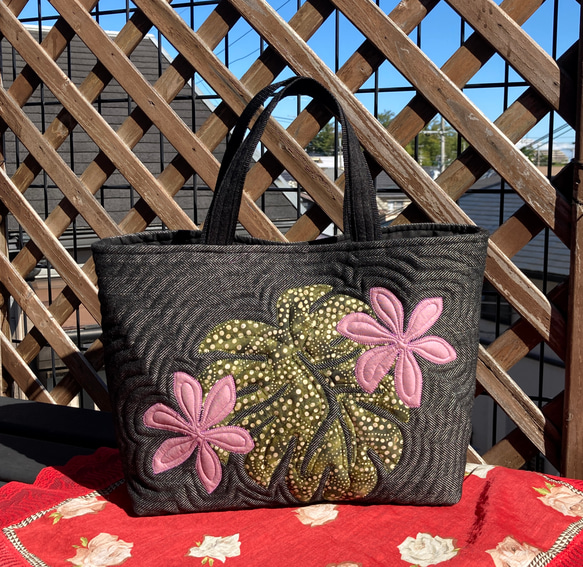 ハワイアンキルト 横長バッグ モンステラ 2WAY ファスナー付きバッグ