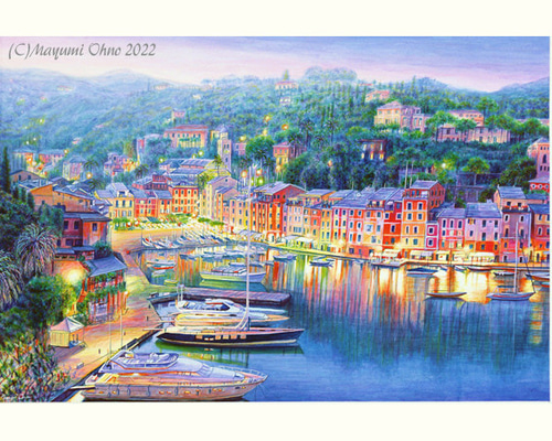額装イタリアで版画化☆ポルトフィーノ ヨーロッパ 地中海 夕景 風景画