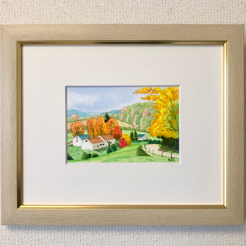田園の秋」透明水彩画 原画 風景画 額縁付 ハガキサイズ 絵画 Oni 通販