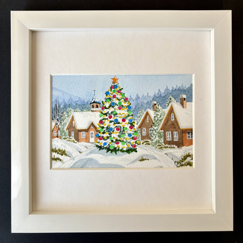 アクリル画 原画 「星降る夜のクリスマス03」額縁付 F3サイズ