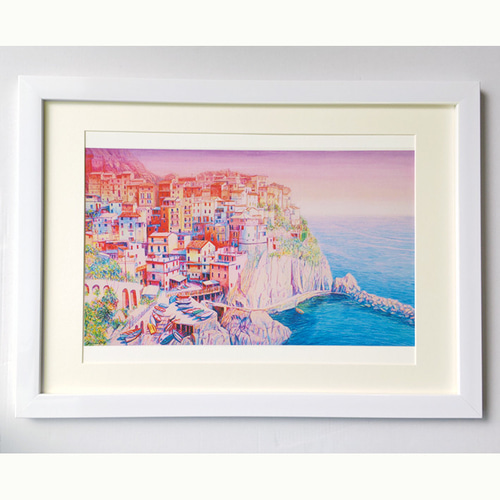 額装 イタリアで版画化☆ヨーロッパ 地中海 夕景 風景画 絵画 海