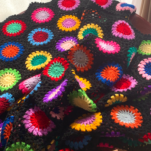 ハンドメイド 手編み かぎ針編み お花モチーフ ブランケット/ひざ掛け