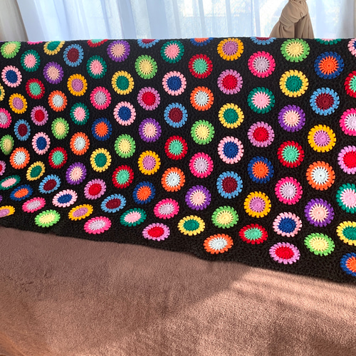 ハンドメイド 手編み かぎ針編み お花モチーフ ブランケット/ひざ掛け