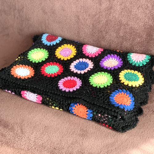 ハンドメイド 手編み かぎ針編み お花モチーフ ブランケット/ひざ掛け