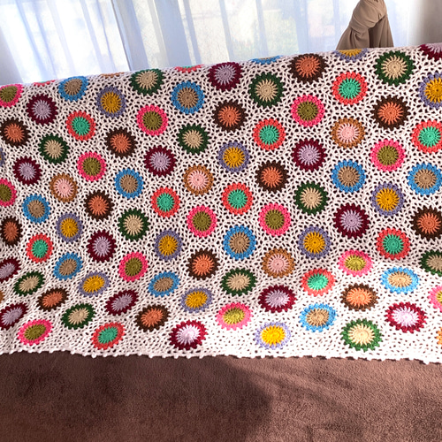 ハンドメイド 手編み かぎ針編み お花モチーフ ブランケット/ひざ掛け