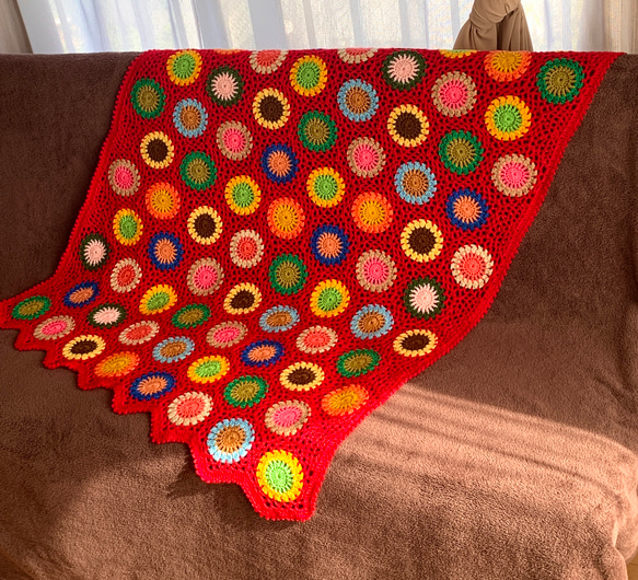 ハンドメイド 手編み かぎ針編み お花モチーフ ブランケット/ひざ掛け