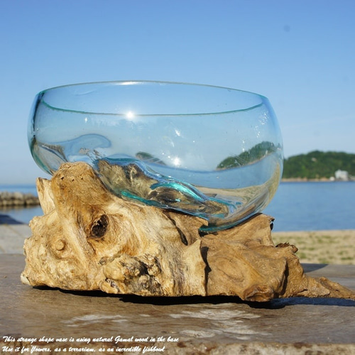 吹きガラスと天然木のオブジェB20 金魚鉢 メダカ 水槽 アクアリウム