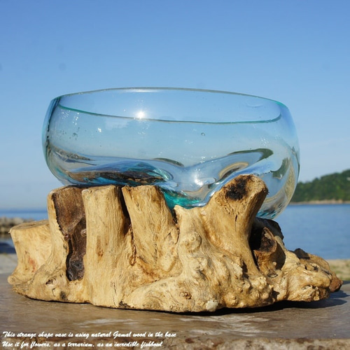 吹きガラスと天然木のオブジェB20 金魚鉢 メダカ 水槽 アクアリウム