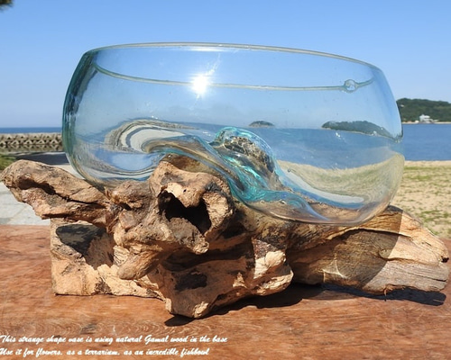 吹きガラスと天然木のオブジェB25 金魚鉢 メダカ 水槽 アクアリウム