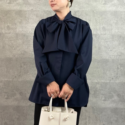 小柄S□シワなりにくい リボンが取り外せる2wayブラウス 紺:フォーマル