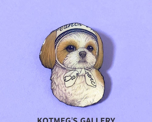 シーズー 英字ほっかむり ブローチ オリジナル イラスト 犬 いぬ わん