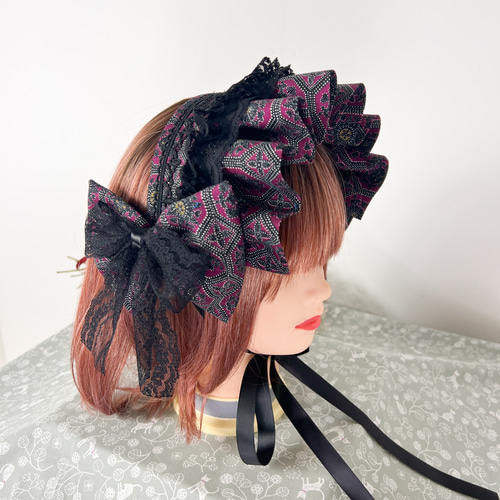 柘榴×黒レース ボンネット風ヘッドドレス ヘッドドレス（アクセサリー