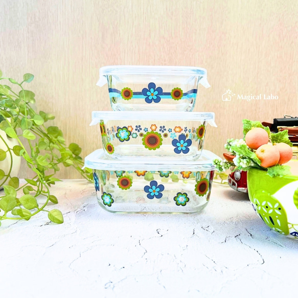 昭和レトロな保存容器大中小3点セット(くすみブルーver)☆耐熱ガラス