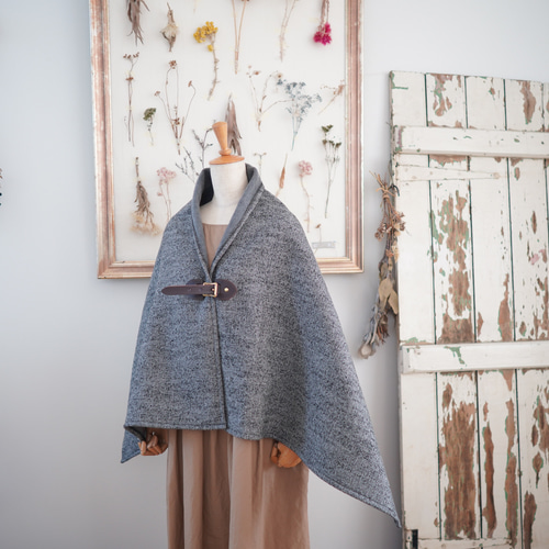 〇ヘリンボン柄〇アルパカウール ポンチョx濃茶レザー 二重織