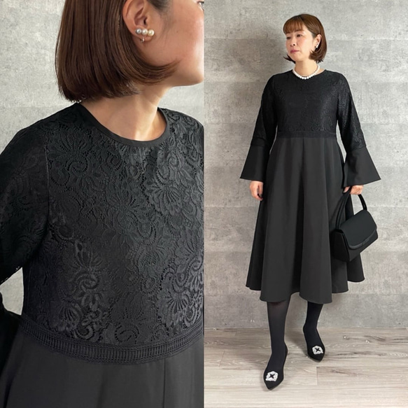 SALE【冠婚葬祭】華やかレース切り替え ブラックフォーマルワンピース
