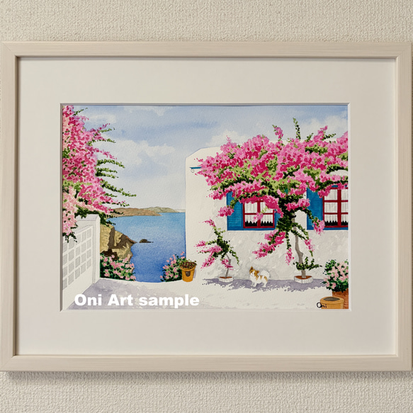 エーゲ海とブーゲンビリア01」透明水彩画 原画 風景画 額縁付 F4サイズ