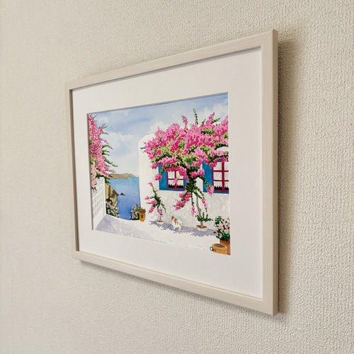 エーゲ海とブーゲンビリア01」透明水彩画 原画 風景画 額縁付 F4サイズ