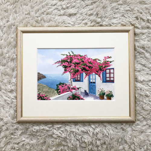 エーゲ海とブーゲンビリア05」透明水彩画 原画 風景画 額縁付 SMサイズ